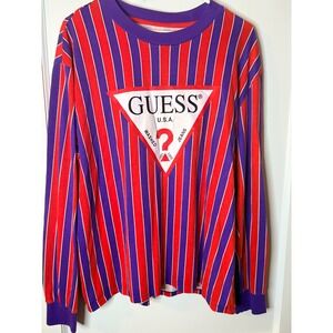 Vintage Guess Jeans Striped Long Sleeve T-Shirt Retro Logo Graphic Large